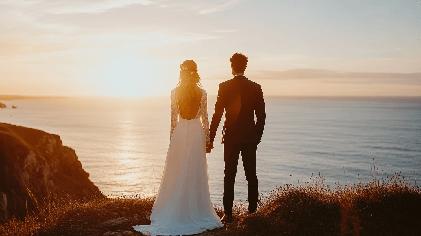 Couple de jeunes mariés se tenant la main face à l'océan au coucher du soleil, sur une falaise du Sud Landes / Pays Basque